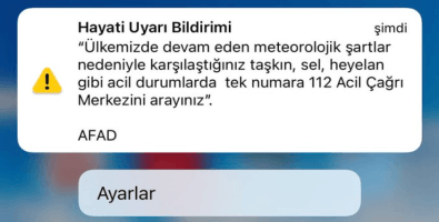 AFAD’tan telefonlara ‘hayati uyarı bildirimi’