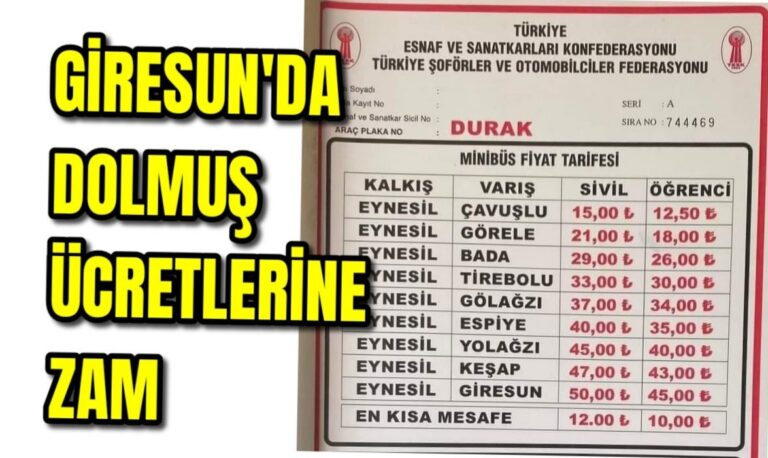 Giresun’da dolmuş ücretlerine zam geldi 